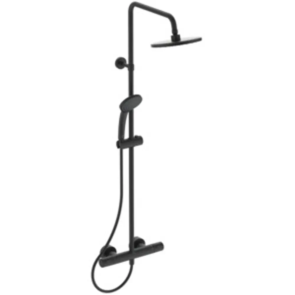 Duschsystem in schwarzem Finish mit Regendusche und Handbrause, montiert an einer Wand. Hersteller ist Ideal Standard.